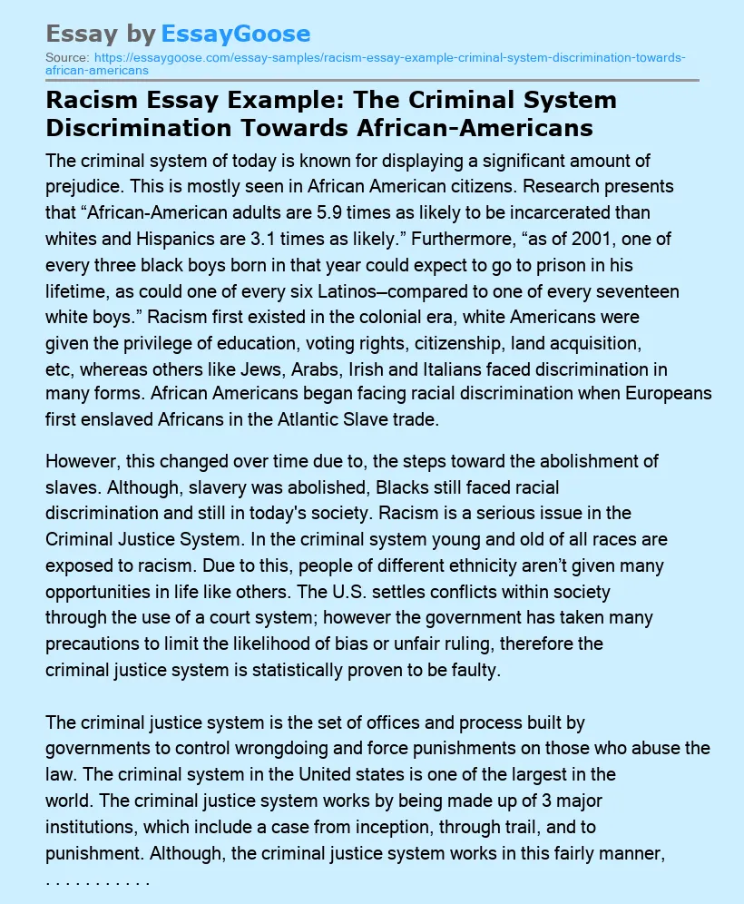 Racism Essay Example: The Criminal System Discrimination Towards African-Americans
