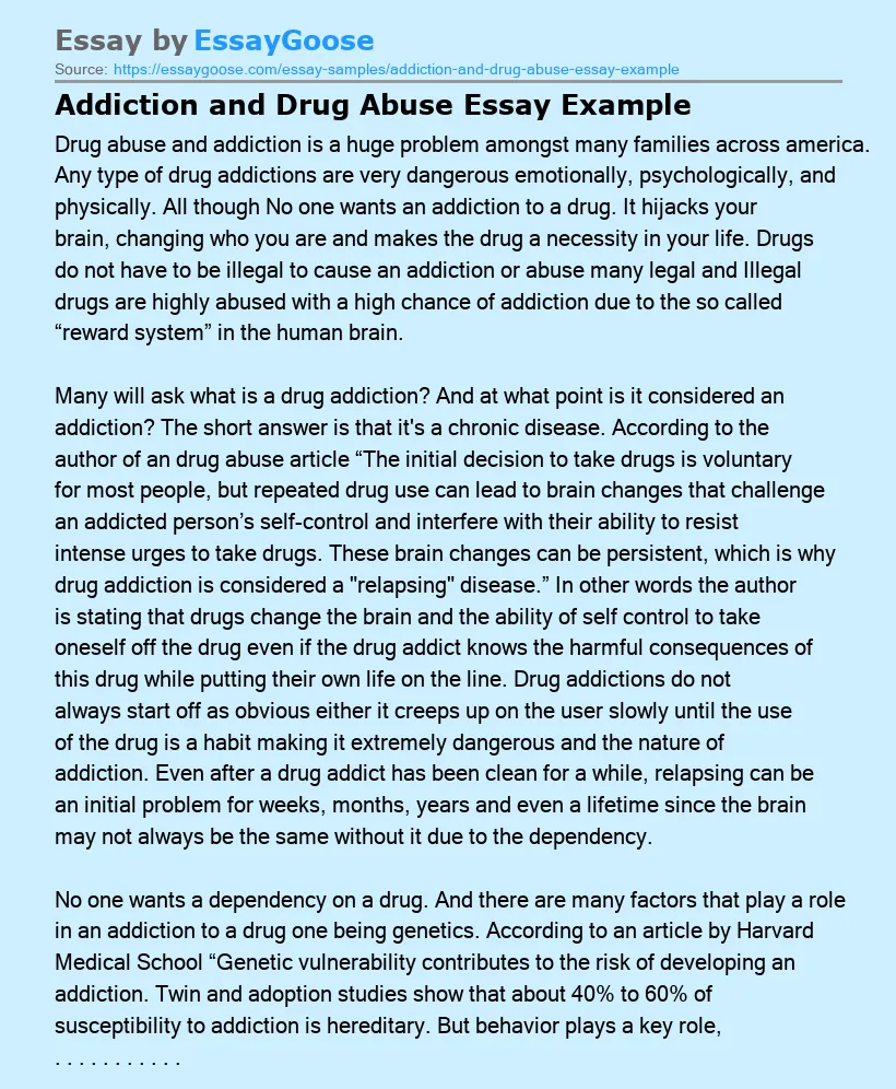 Addiction and Drug Abuse Essay Example