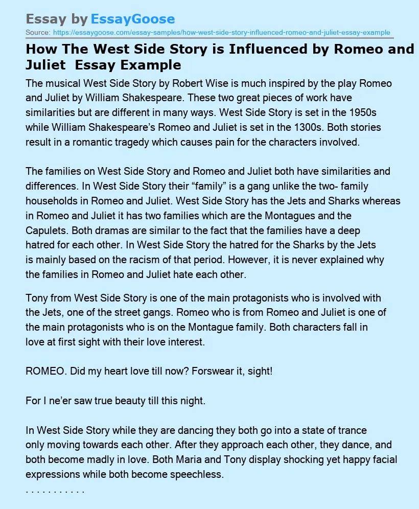 How The West Side Story is Influenced by Romeo and Juliet  Essay Example