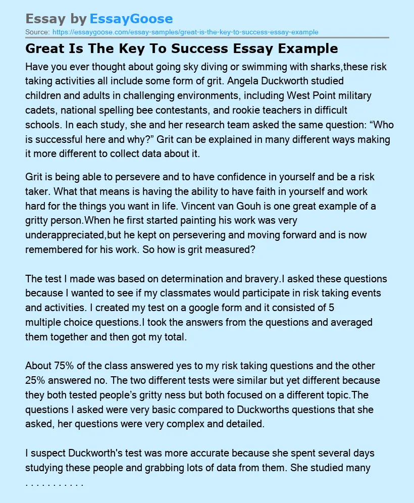 Great Is The Key To Success Essay Example