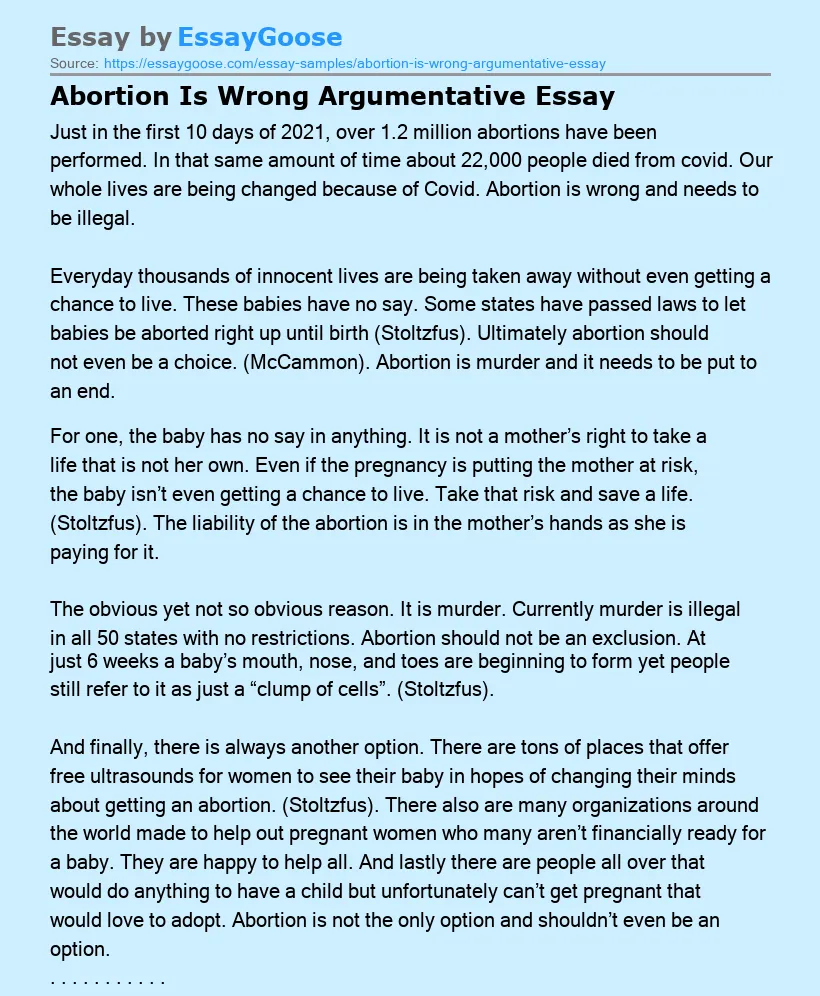 Abortion Is Wrong Argumentative Essay