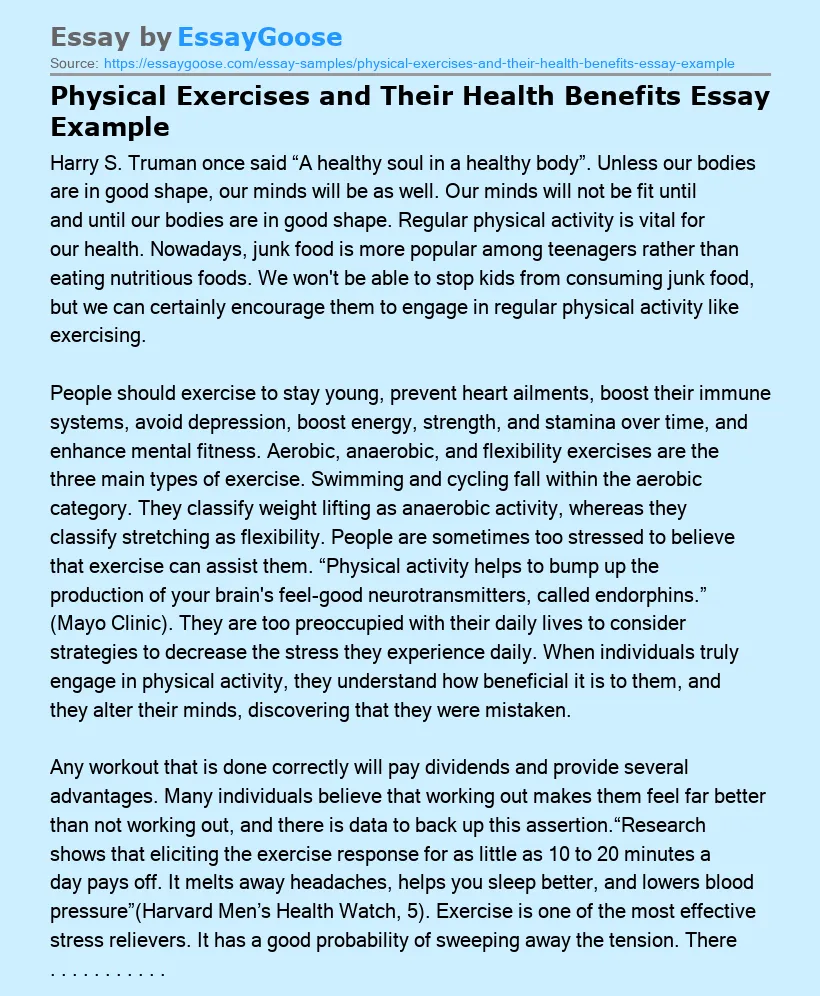 Physical Exercises and Their Health Benefits Essay Example