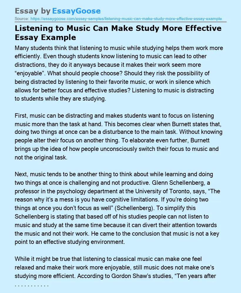 Listening to Music Can Make Study More Effective Essay Example