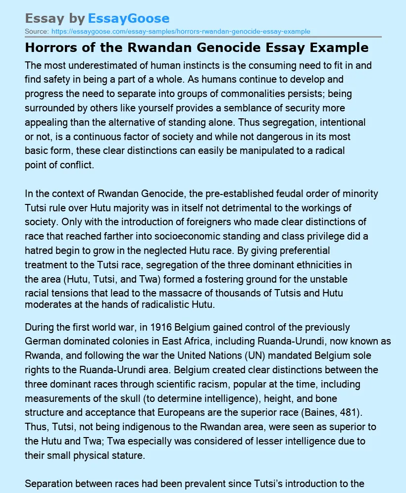 Horrors of the Rwandan Genocide Essay Example