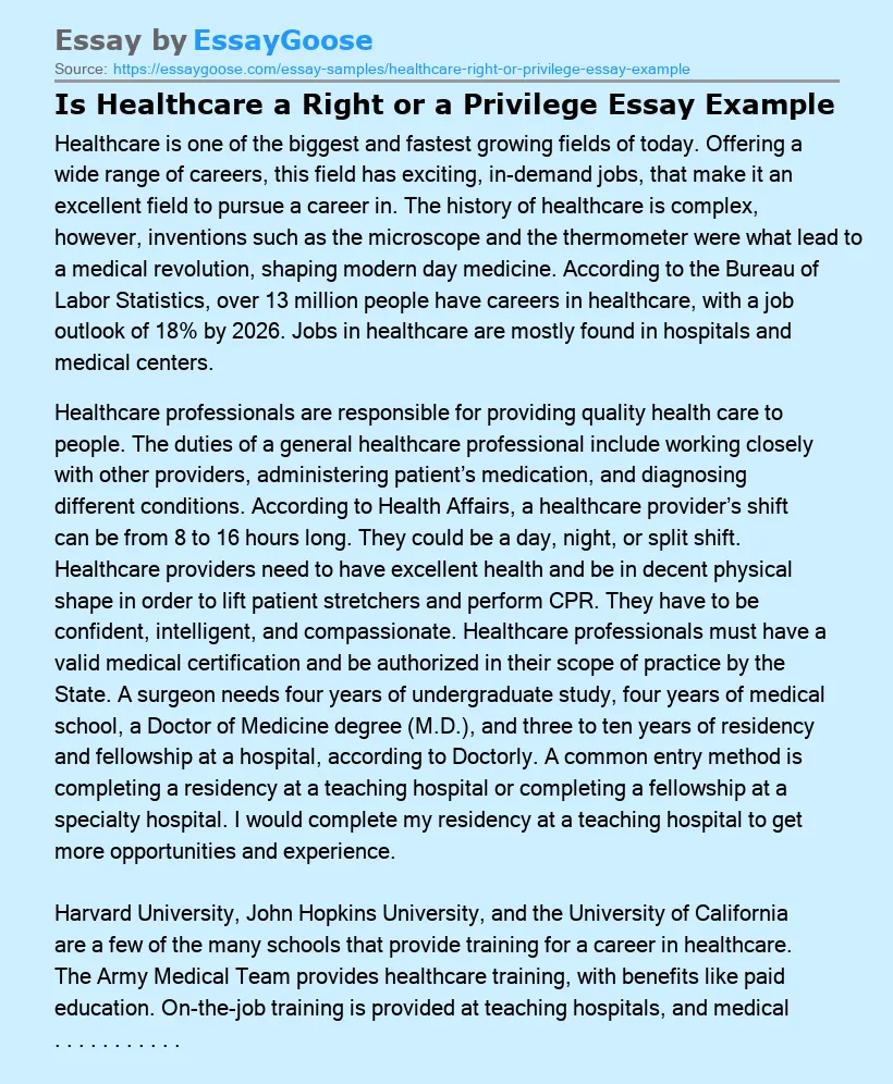 Is Healthcare a Right or a Privilege Essay Example