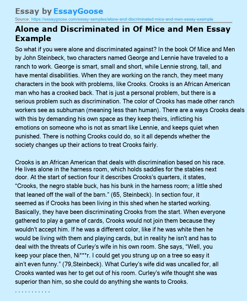 Alone and Discriminated in Of Mice and Men Essay Example