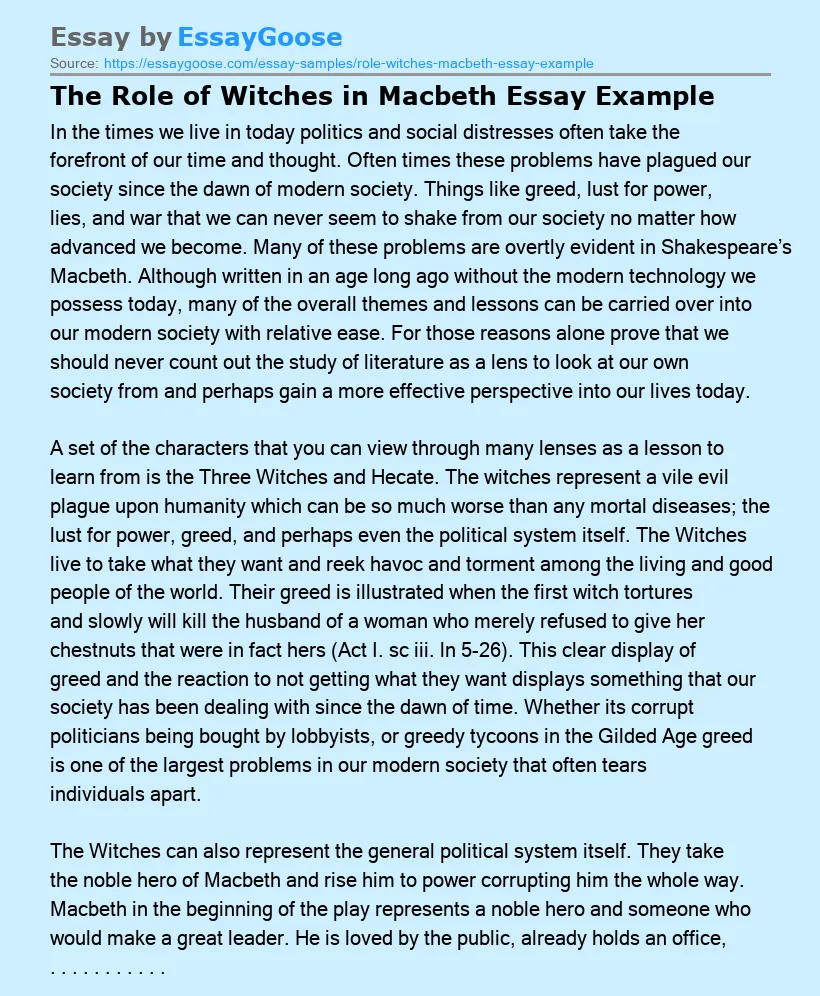 The Role of Witches in Macbeth Essay Example