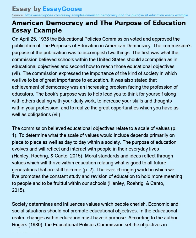 American Democracy and The Purpose of Education Essay Example
