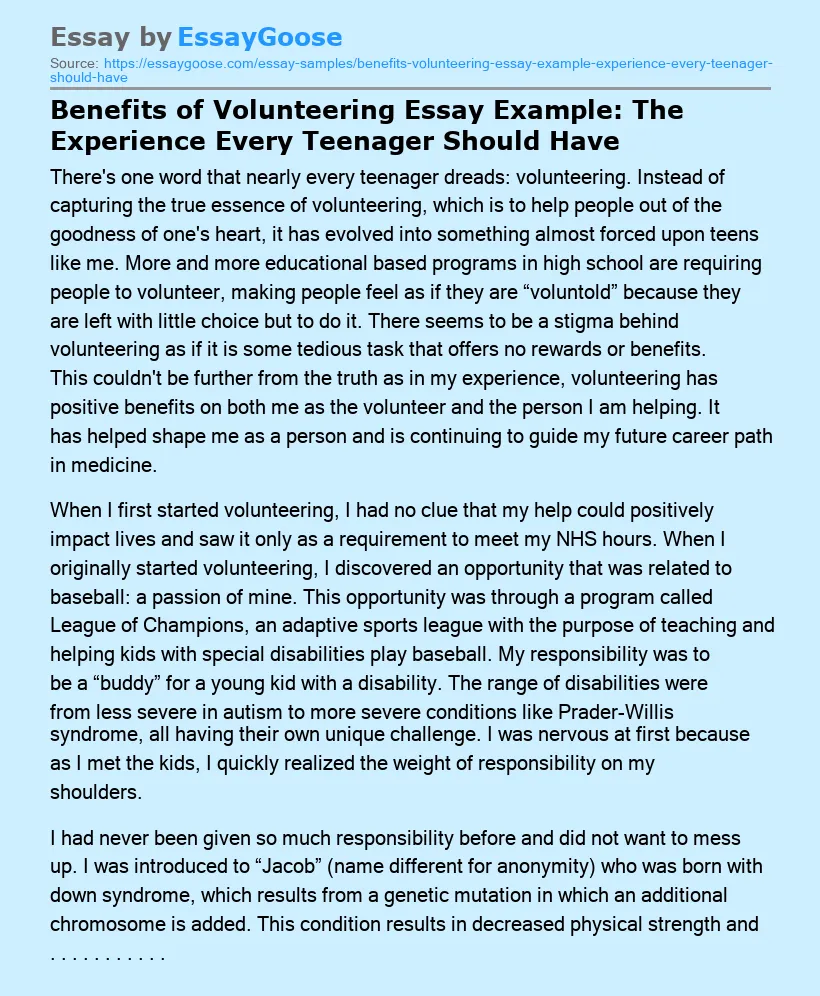 Benefits of Volunteering Essay Example: The Experience Every Teenager Should Have