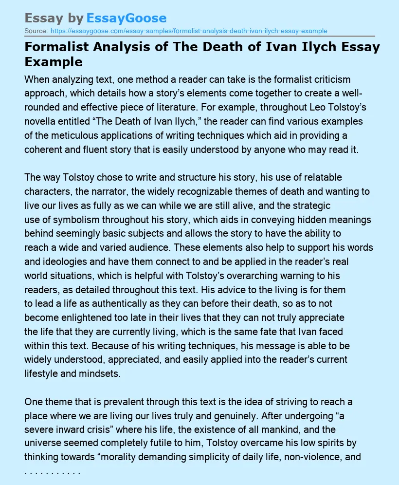 Formalist Analysis of The Death of Ivan Ilych Essay Example