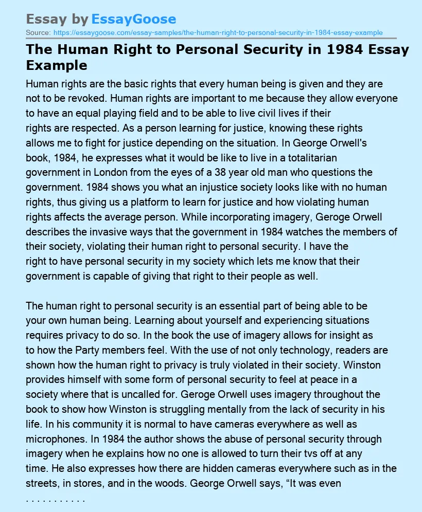 The Human Right to Personal Security in 1984 Essay Example