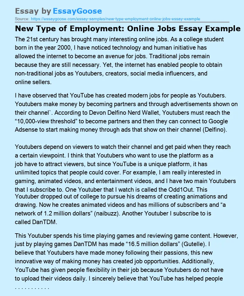New Type of Employment: Online Jobs Essay Example