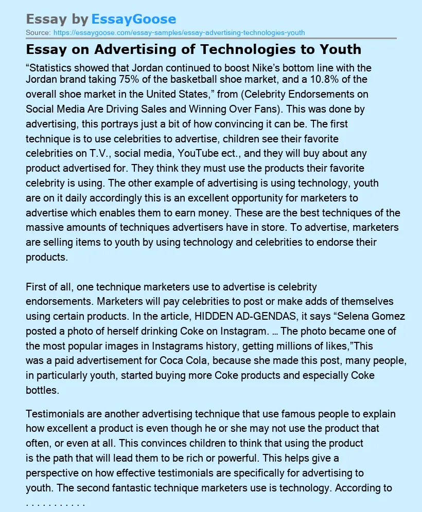 Essay on Advertising of Technologies to Youth