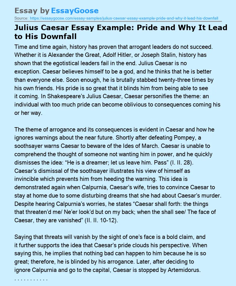 Julius Caesar Essay Example: Pride and Why It Lead to His Downfall