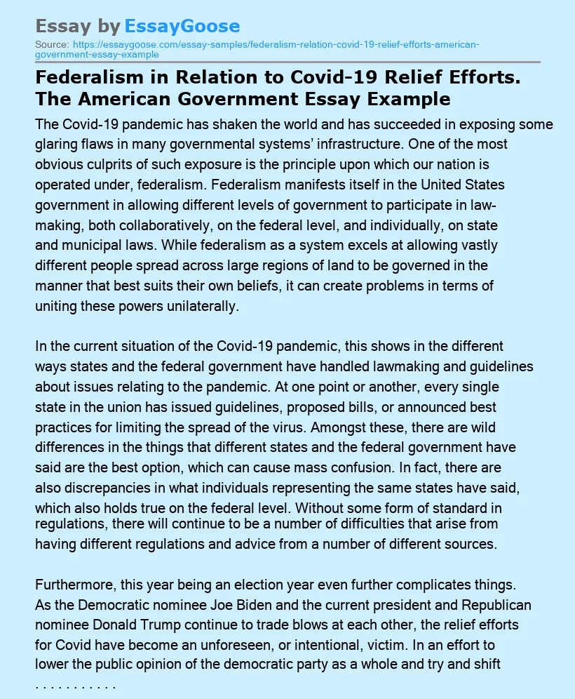 Federalism in Relation to Covid-19 Relief Efforts. The American Government Essay Example