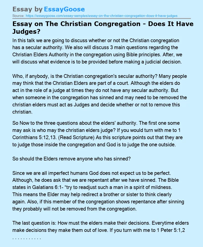 Essay on The Christian Congregation - Does It Have Judges?