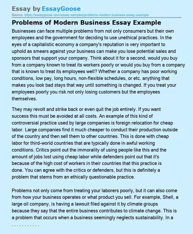 Problems of Modern Business Essay Example