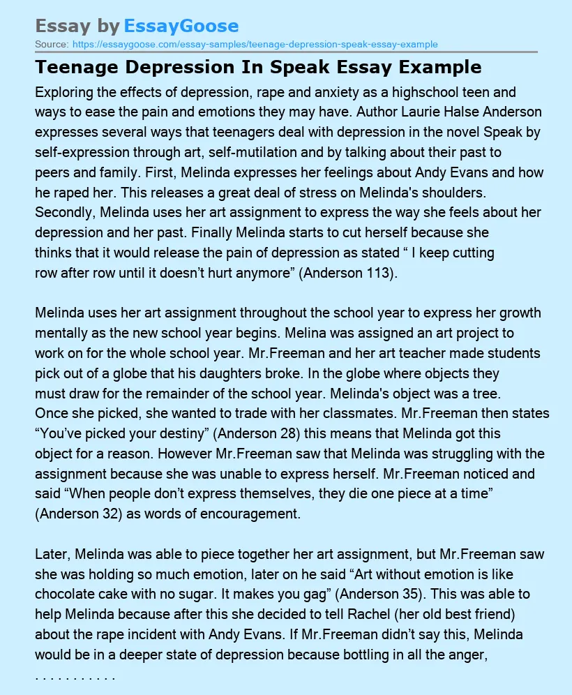 Teenage Depression In Speak Essay Example