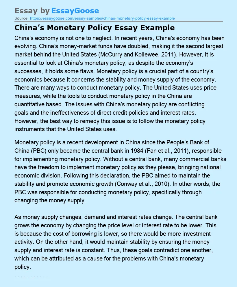 China’s Monetary Policy Essay Example