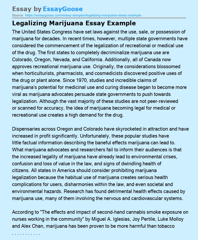 Legalizing Marijuana Essay Example
