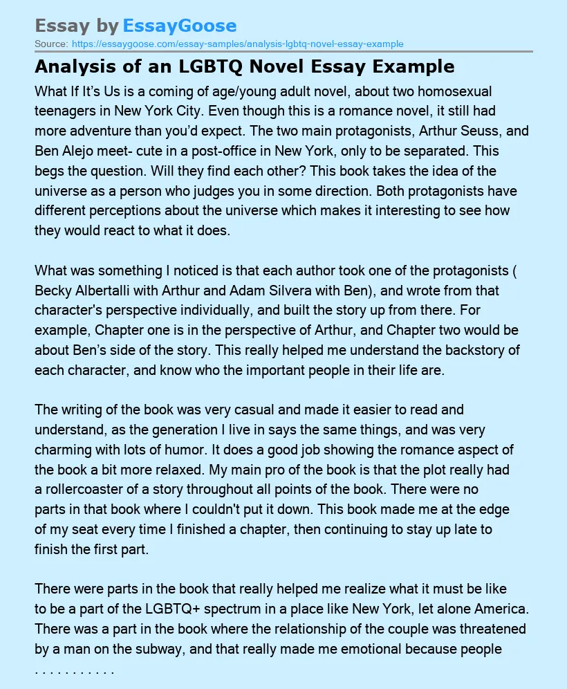 Analysis of an LGBTQ Novel Essay Example
