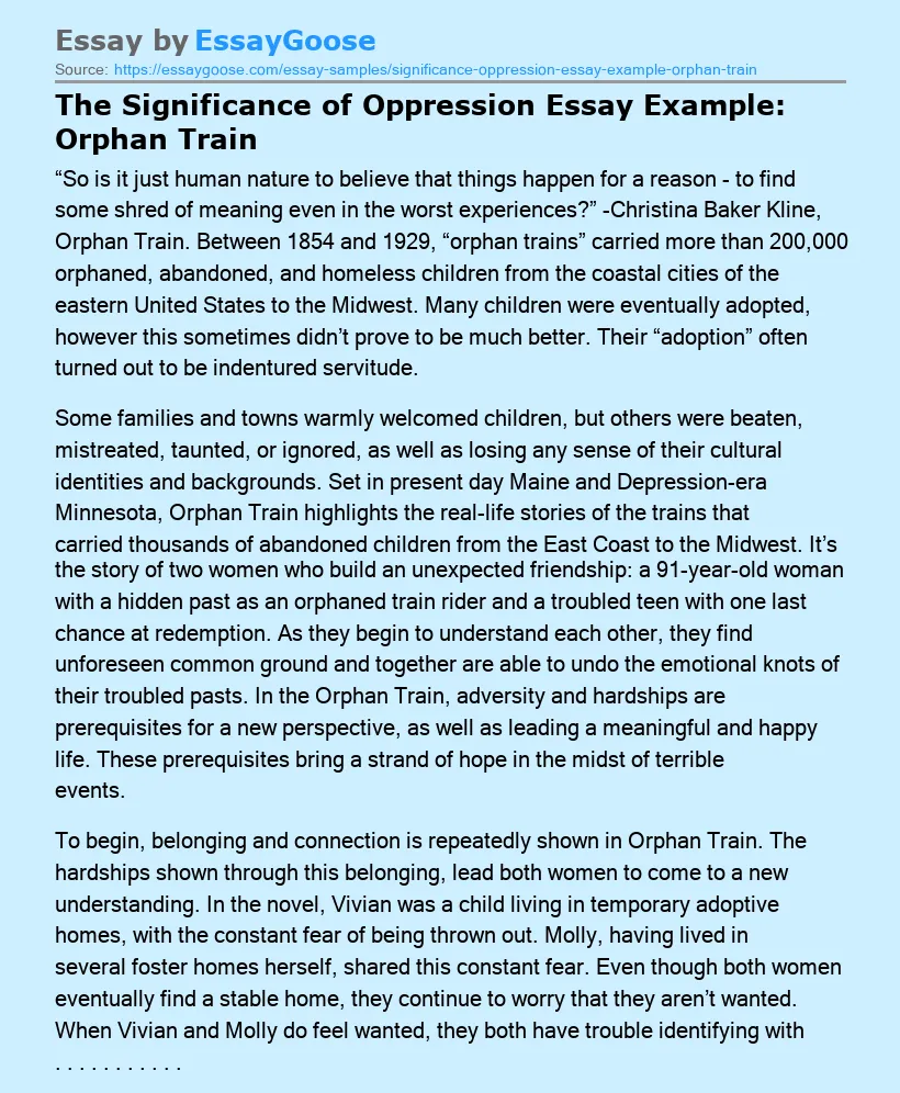 The Significance of Oppression Essay Example: Orphan Train