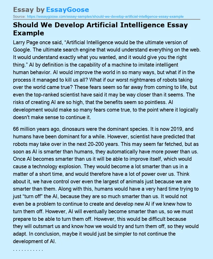 Should We Develop Artificial Intelligence Essay Example