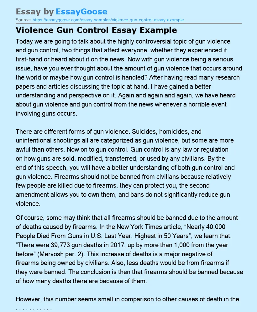 Violence Gun Control Essay Example
