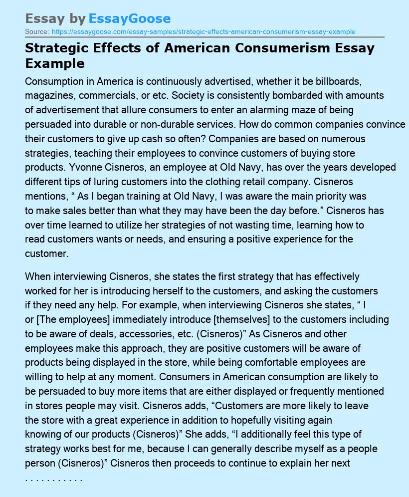 Strategic Effects of American Consumerism Essay Example
