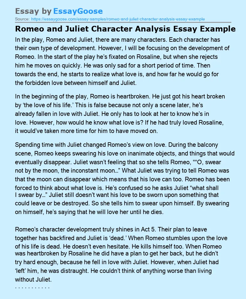 Romeo and Juliet Character Analysis Essay Example