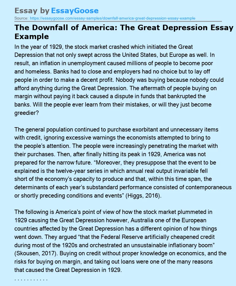 The Downfall of America: The Great Depression Essay Example