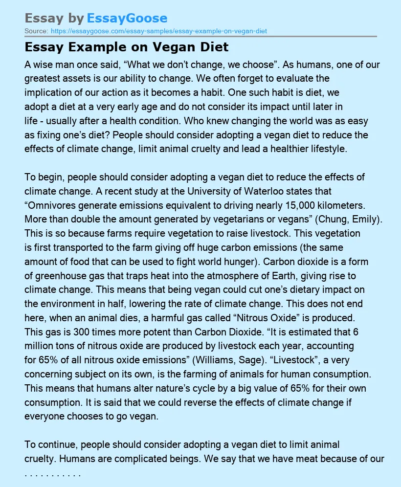 Essay Example on Vegan Diet