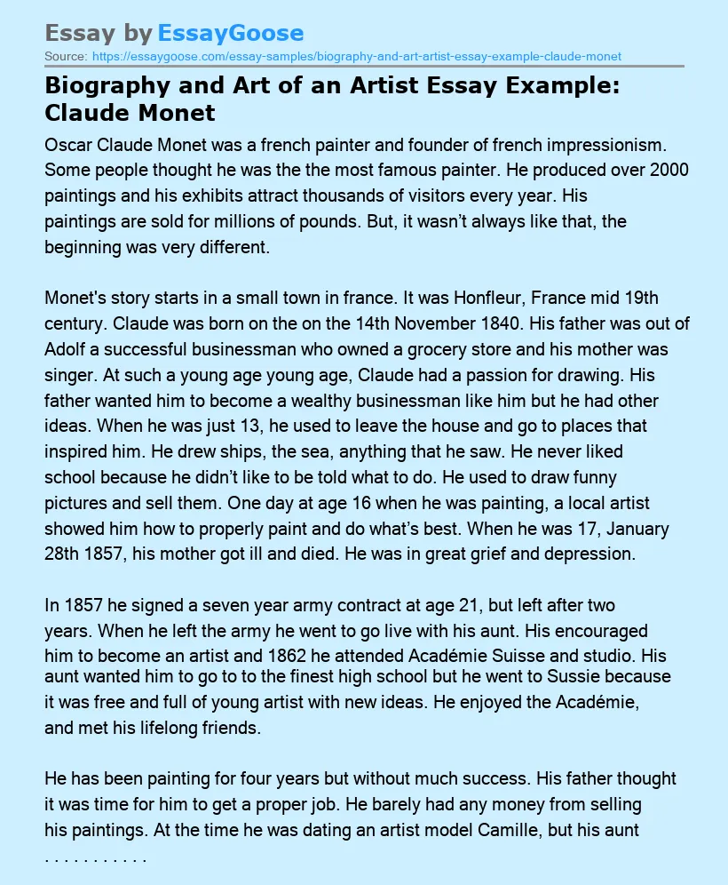 Biography and Art of an Artist Essay Example: Claude Monet
