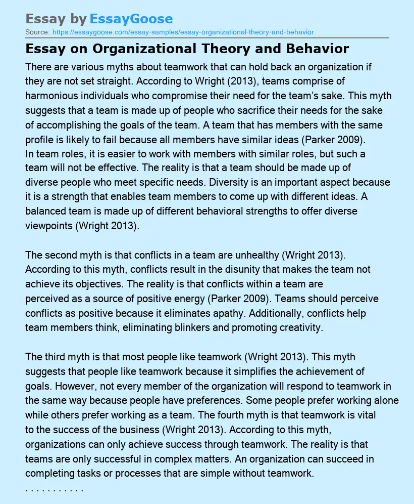 Essay on Organizational Theory and Behavior