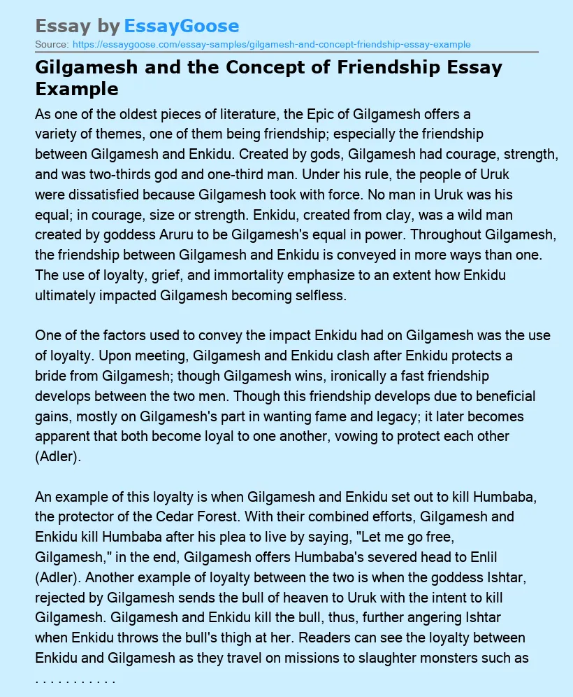 Gilgamesh and the Concept of Friendship Essay Example