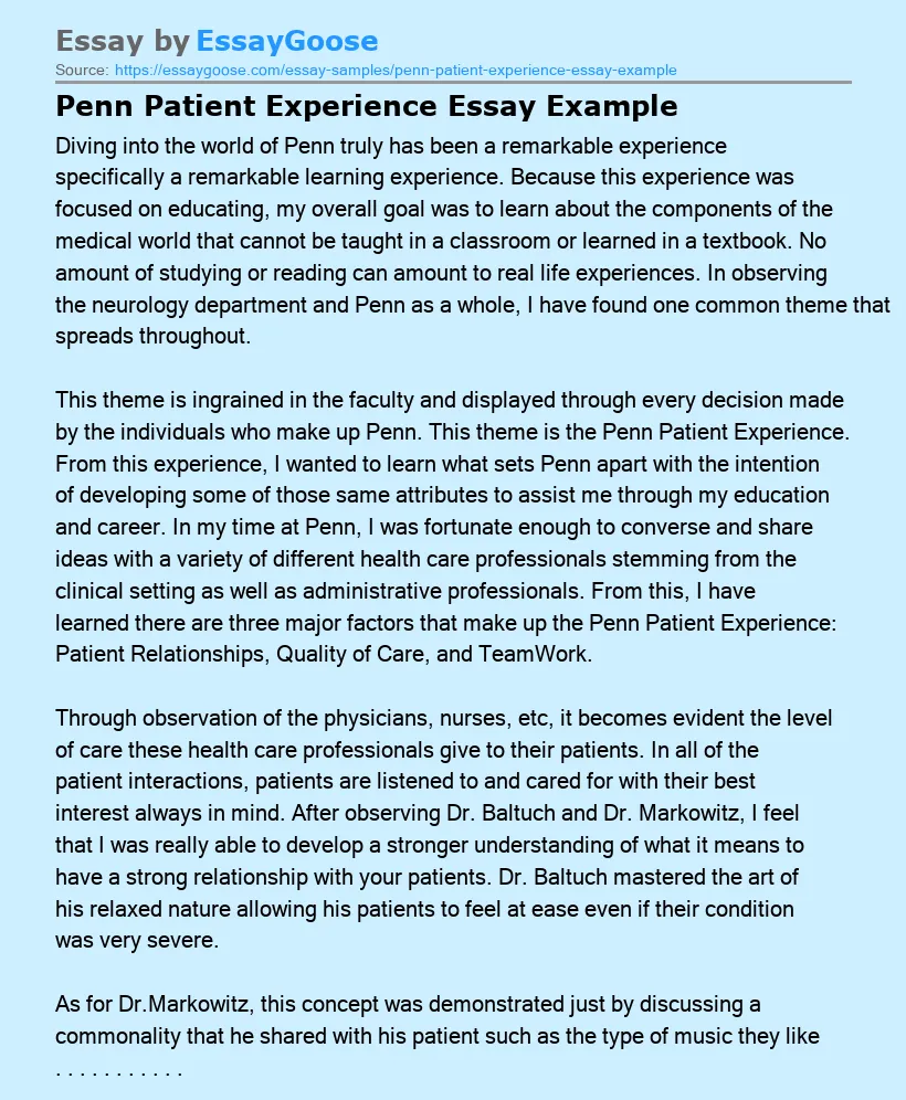 Penn Patient Experience Essay Example