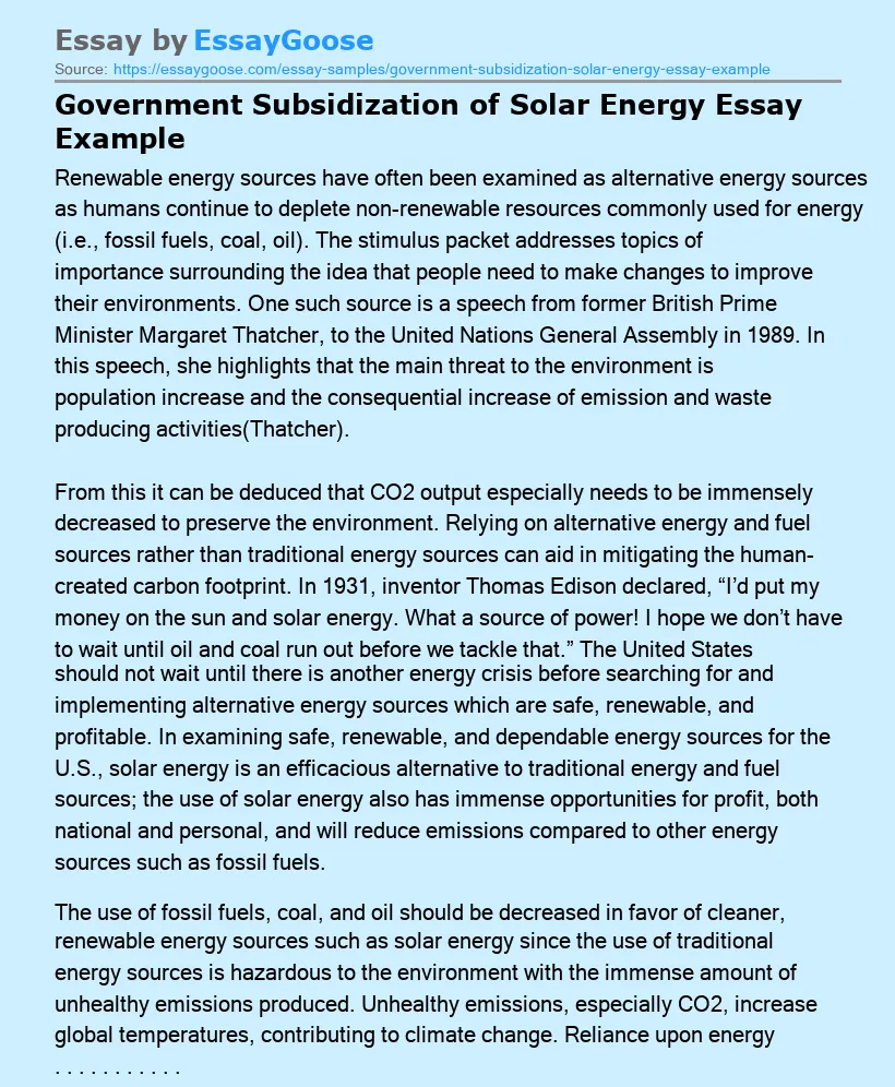Government Subsidization of Solar Energy Essay Example
