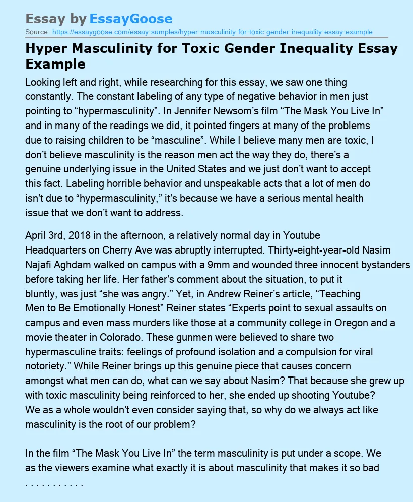 Hyper Masculinity for Toxic Gender Inequality Essay Example