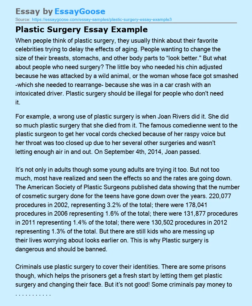 Plastic Surgery Essay Example