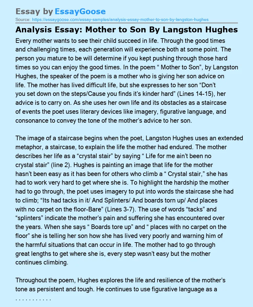 Analysis Essay: Mother to Son By Langston Hughes