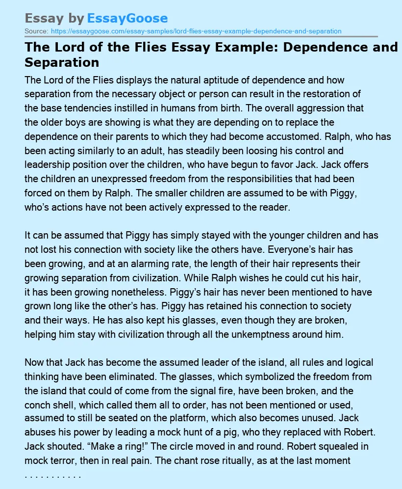 The Lord of the Flies Essay Example: Dependence and Separation