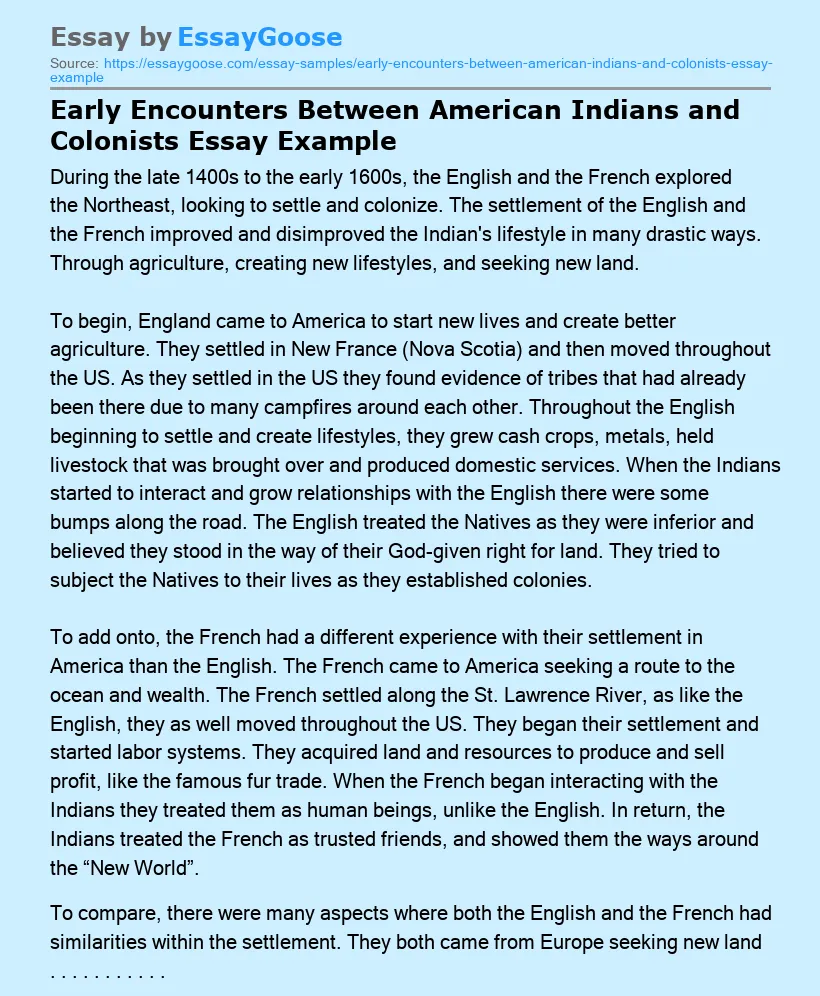 Early Encounters Between American Indians and Colonists Essay Example