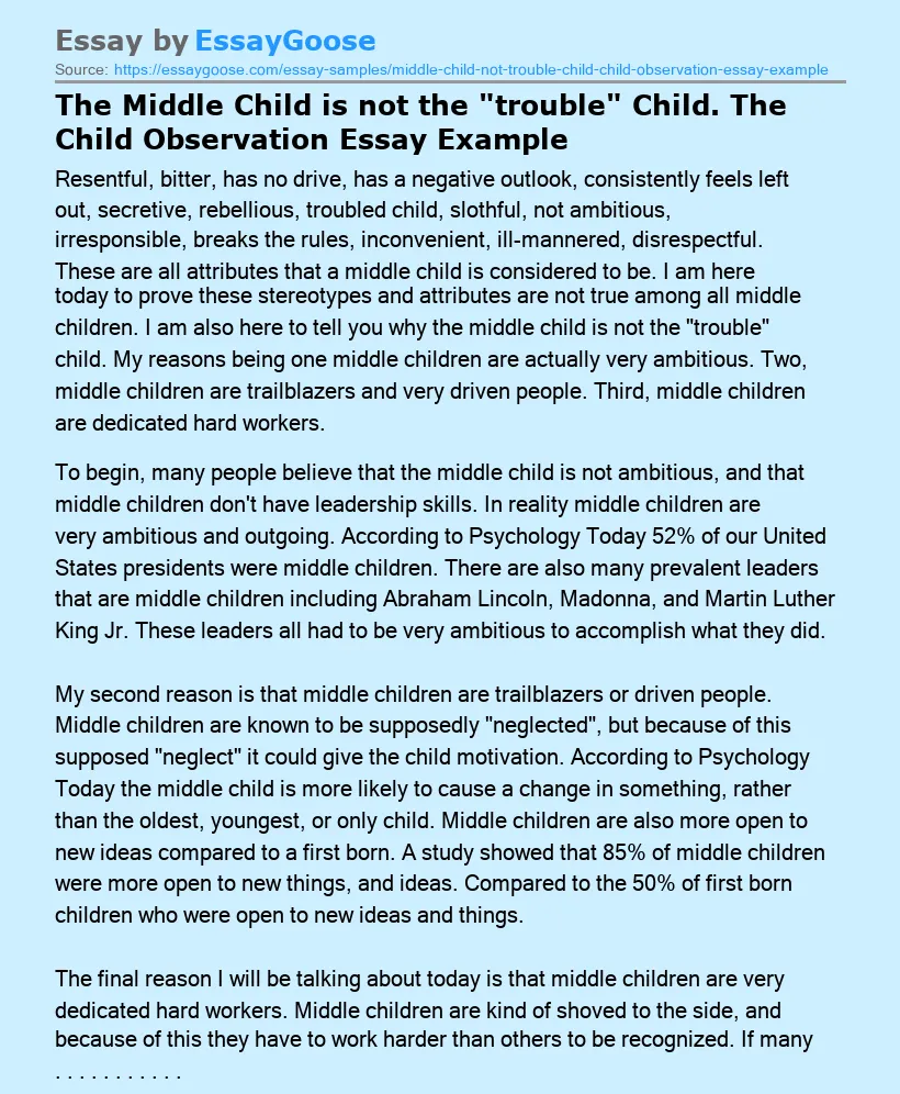 The Middle Child is not the "trouble" Child. The Child Observation Essay Example
