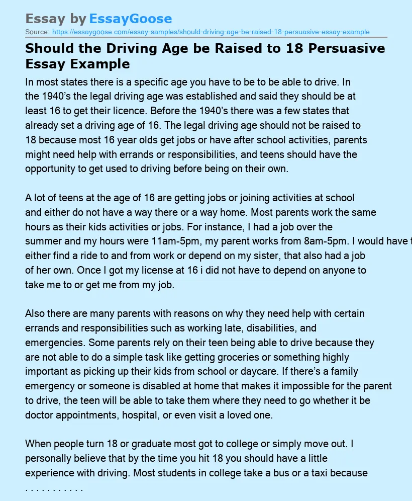 Should the Driving Age be Raised to 18 Persuasive Essay Example
