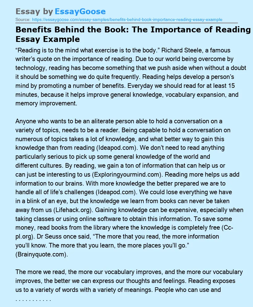 Benefits Behind the Book: The Importance of Reading Essay Example
