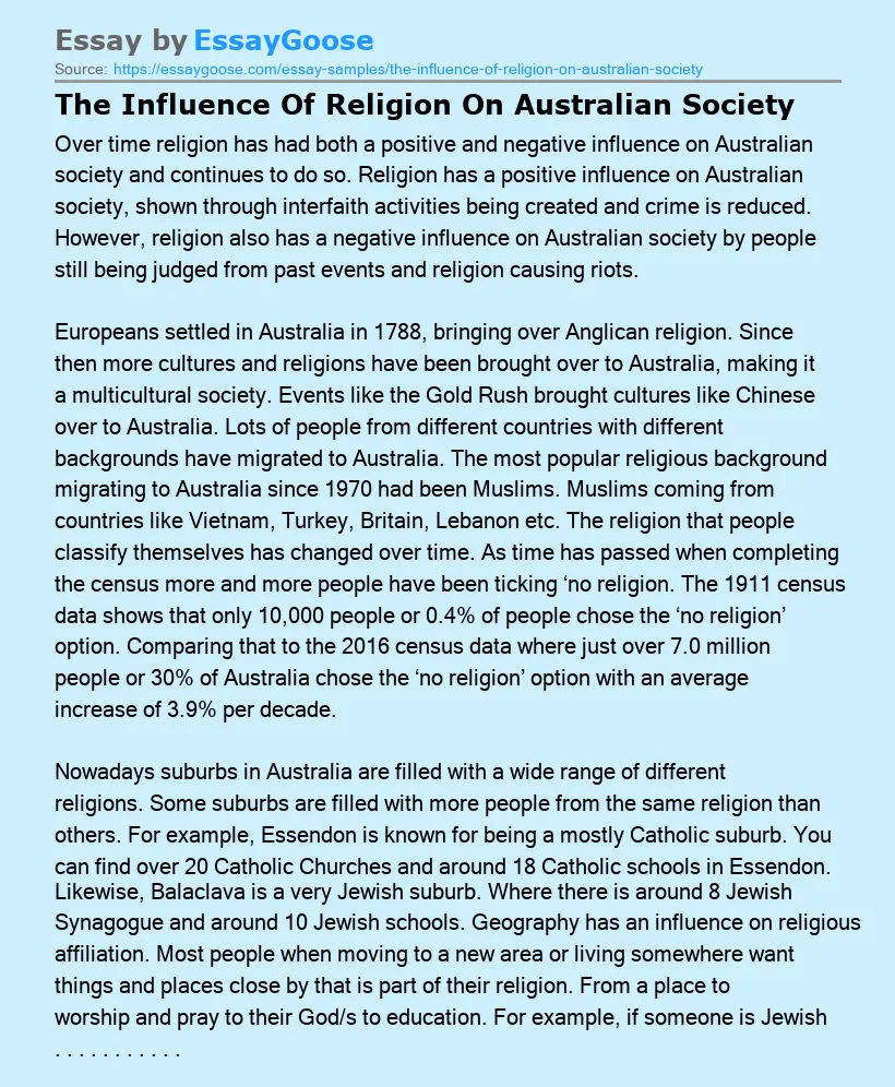 The Influence Of Religion On Australian Society