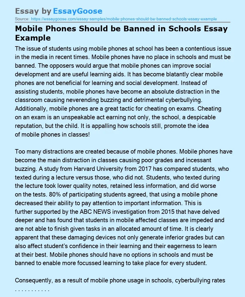 Mobile Phones Should be Banned in Schools Essay Example
