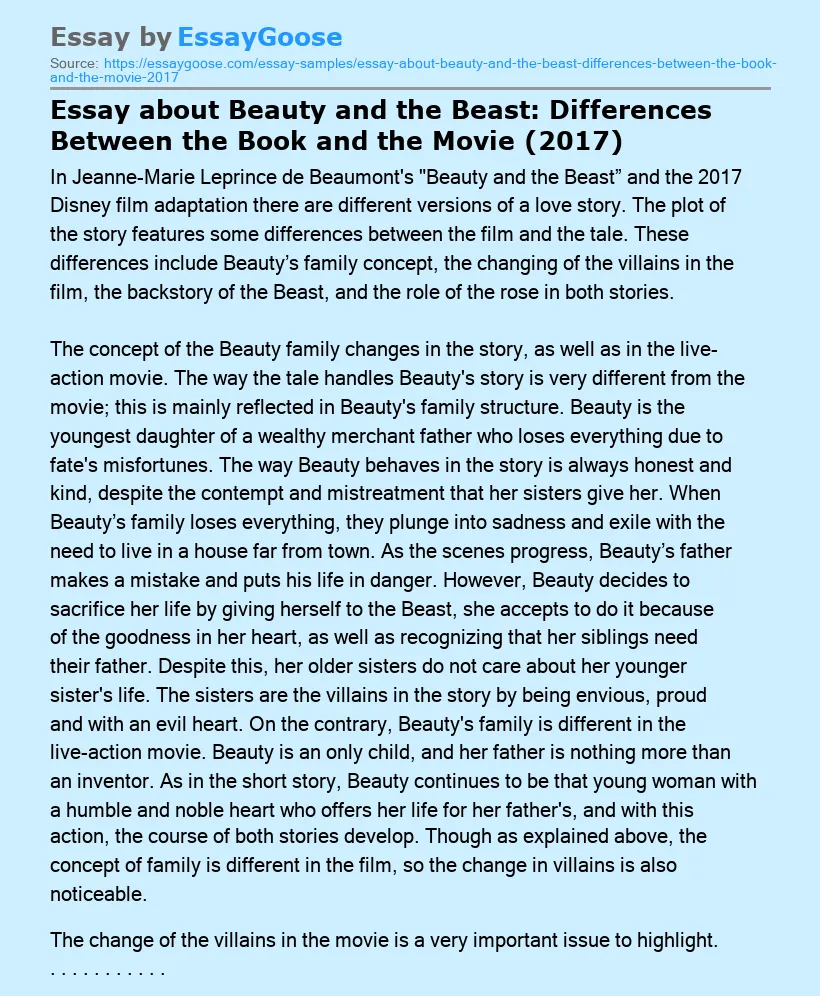 Essay about Beauty and the Beast: Differences Between the Book and the Movie (2017)