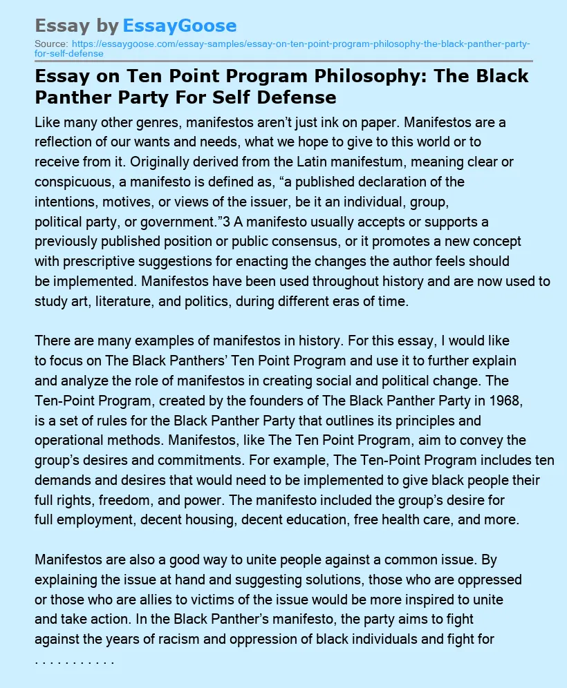 Essay on Ten Point Program Philosophy: The Black Panther Party For Self Defense