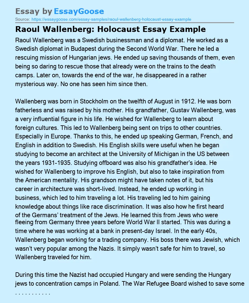 Raoul Wallenberg: Holocaust Essay Example